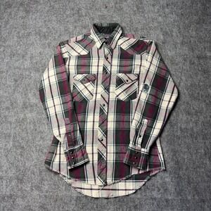 Vintage Wrangler Plaid Western Snap Shirt, Distressed Frayed Hem - Large